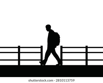 Person with Backpack Walking on Bridge Silhouette Illustration
