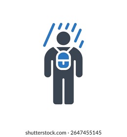 Eine Person mit einem Rucksack, der im Regensymbol läuft
