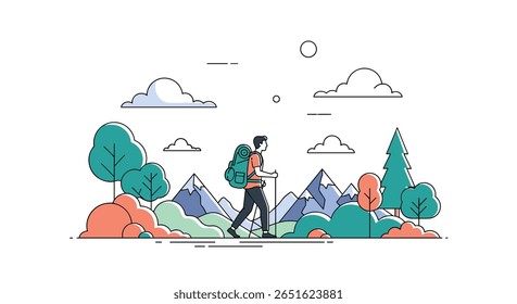 A Person with a Backpack Walking Through a Scenic Mountain Landscape with Trees and Clouds Illustration