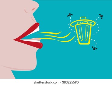 A person with a bad breath represented by a garbage can with flies. Editable Clip Art.