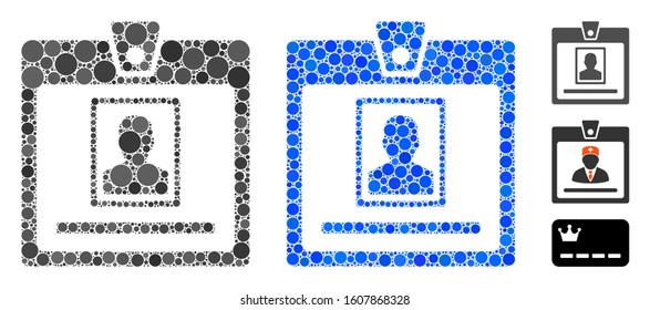 Person badge composition of filled circles in different sizes and color hues, based on person badge icon. Vector filled circles are combined into blue illustration.