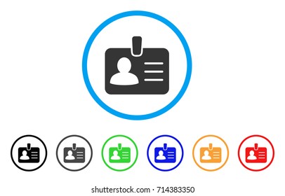 Person Badge icon. Vector illustration style is a flat iconic person badge grey rounded symbol inside light blue circle with black, gray, green, blue, red, orange color versions.