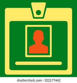 Person Badge vector icon. Style is bicolor flat symbol, orange and yellow colors, rounded angles, green background.