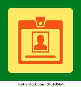 Person Badge vector icon. Style is flat rounded square button, orange and yellow colors, green background.