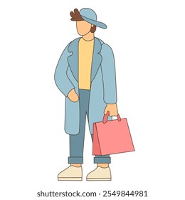 Person with bag Character Hand Drawn Doodle Icon. Shopping Theme.