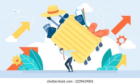 Person with baggage or luggage. A man carries heavy luggage. Slouching man is carrying heavy suitcase. Metaphor of difficult burden, load and encumbrance from the past. Vector flat illustration.