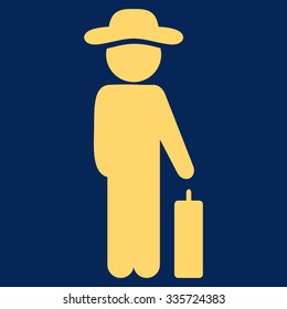 Person Baggage vector icon. Style is flat symbol, yellow color, rounded angles, blue background.