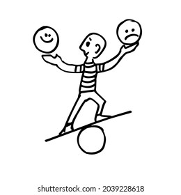 A person balances between a good and a bad mood. Circus performer. A hand-drawn character. Sketch. Vector l doodle illustration