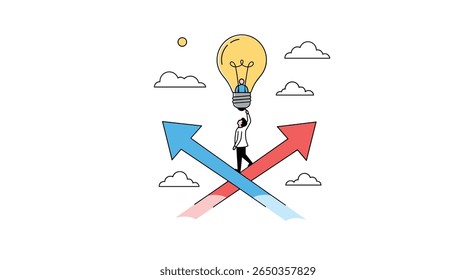 Eine Person, die zwischen zwei gegensätzlichen Pfeilen balanciert, während sie eine helle Idee Glühbirne über ihrem Kopf hält, die Entscheidungsfindung und Innovation darstellt