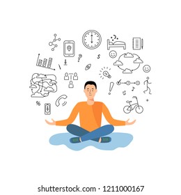 Person is balancing between work, getting information and rest, sport, other activities. Information and data overload concept. Flat and line design