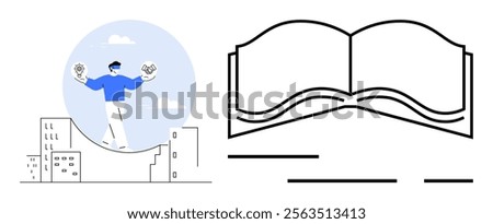 Person balancing on a cityscape rooftop holds a globe and book, set against a sky background. Beside is an open book outline. Ideal for education, creativity, global awareness, learning, urban life