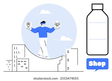 Person balancing on a wavy line above cityscape with icons of a light bulb and handshake. Large bottle and shop sign beside. Ideal for business, innovation, commerce, balance in life, urban life