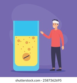 Person with bandaged head standing next to large glass filled with bubbling liquid and pill. Importance of treatment and hydration while feeling unwell concept