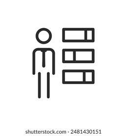 Persona con gráfico de barras, icono de estilo lineal. evaluación de rendimiento o métricas. Ancho de trazo editable.