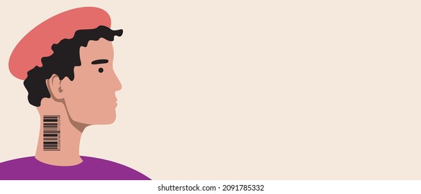 Person with barcode, copy space template. Flat vector stock illustration. Human recognition concept. Code for digital scan. Chip for recognition. Scanning the code. Isolated illustration