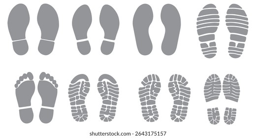Person barefoot and footprint Symbols leg step silhouette human feet icon people shoe print Different black graphic sign legs and shoes sole Vector