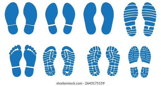Person barefoot and footprint Symbols leg step silhouette human feet icon people shoe print Different black graphic sign legs and shoes sole Vector