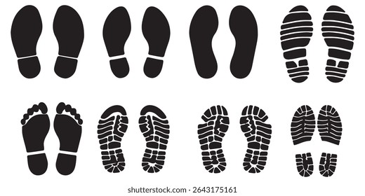 Person barefoot and footprint Symbols leg step silhouette human feet icon people shoe print Different black graphic sign legs and shoes sole Vector