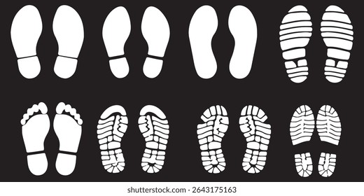Person barefoot and footprint Symbols leg step silhouette human feet icon people shoe print Different black graphic sign legs and shoes sole Vector