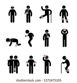 Person basic body language pictogram, symptom sick, sore, stomachache, headache, vomit, backache, broken legs, old. vector illustration