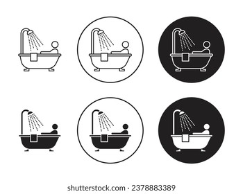 Juego de iconos de baño de persona. símbolo vector de la bañera de baño de agua caliente. toma la señal de baño caliente en un estilo negro relleno y delineado.