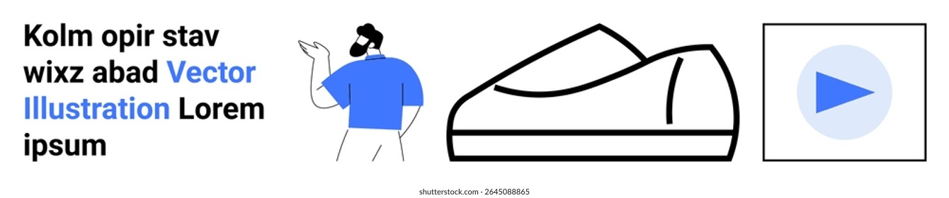 Person with beard and blue clothing, minimalist shoe, and a blue play button. Ideal for web design, landing pages, modern themes, digital interfaces, minimalism, fashion tech, online media. Landing