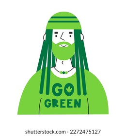 Person with beard, dreadlocks and go green tshirt. Vegan and plant-based healthy diet concept. Sustainable, cruelty-free, climate-friendly, meatless and dairy-free food. Meat replacement.