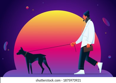 Person with beard and long hair walking alone with a black dog on a leash, an abstract sun or bright yellow, pink, and purple planet behind them.