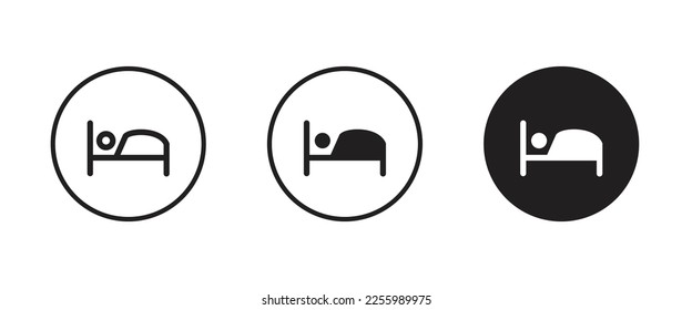 Icono de persona en la cama. Refugio durmiente. dormir Moteles Hotel, casa de huéspedes, símbolo de alojamiento icono ilustración logotipo,trazo editable, estilo de diseño plano aislado en blanco