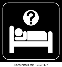 Person in bed with question mark. Hotel flat icon. Sleeping shelter sign, vector