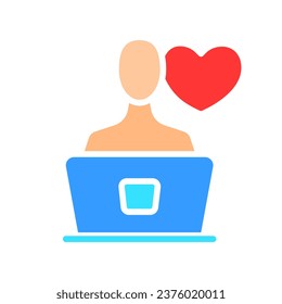 Person behind a laptop with hearts line icon. Relationship, love, date, Valentine's day, connection, marriage, family, feelings. Vector color icon on a white background for business and advertising.