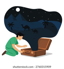 A person bends down to open a suitcase. Inside the suitcase, a night desert scene is visible with camels, pyramids, and a full moon shining above. The sky is dark with stars.