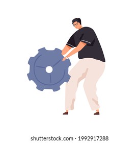 Person with big cogwheel in hands as symbol of technical works. Man holding metal gear. Concept of configuration settings and maintenance. Colored flat vector illustration isolated on white background