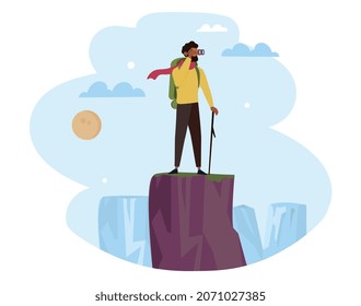 Person with binoculars. Man stands on mountain and inspects area. Leader, entrepreneur, vision of their goals, success, motivation. Metaphor of company development. Cartoon flat vector illustration