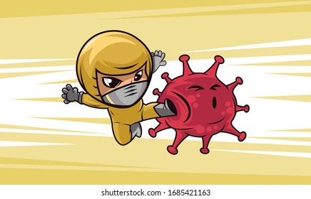 Person with biohazard suit fighting coronavirus pandemic or coronavirus outbreake 2019 COVID-19. Vector illustration against corona covid19 virus. Scalable and editable vector.