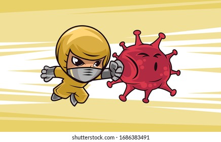 Person with biohazard suit fighting coronavirus pandemic or coronavirus outbreake 2019 COVID-19. Vector illustration against corona covid19 virus. Scalable and editable vector.