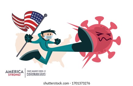 Person with biohazard suit holding American flag on map background, fighting coronavirus pandemic outbreak 2019 COVID 19. Scalable and editable vector illustration. 