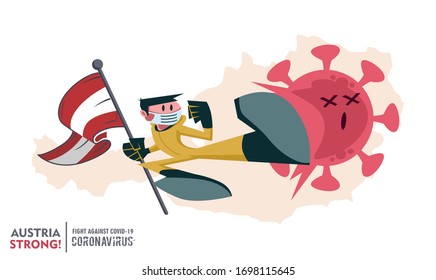 Person with biohazard suit holding  Austria flag fighting coronavirus pandemic outbreak 2019 COVID 19. Scalable and editable vector illustration.