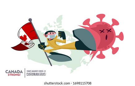 Person with biohazard suit holding Canada flag on Canada map background, fighting coronavirus pandemic outbreak 2019 COVID 19. Scalable and editable vector illustration.