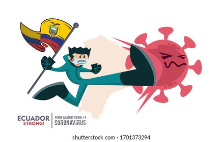 Person with biohazard suit holding Ecuador flag on map background, fighting coronavirus pandemic outbreak 2019 COVID 19. Scalable and editable vector illustration. 