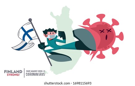 Person with biohazard suit holding  Finland flag on Finland map background, fighting coronavirus pandemic outbreak 2019 COVID 19. Scalable and editable vector illustration.