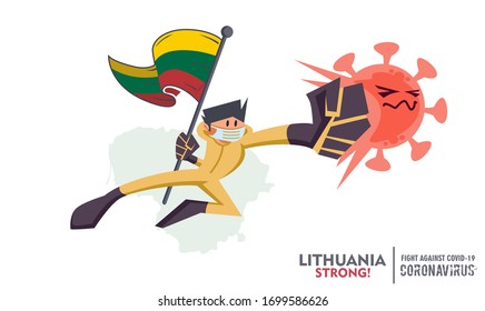 Person with biohazard suit holding flag on  map background, fighting coronavirus pandemic outbreak 2019 COVID 19. Scalable and editable vector illustration. 