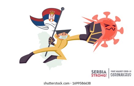 Person with biohazard suit holding flag on  map background, fighting coronavirus pandemic outbreak 2019 COVID 19. Scalable and editable vector illustration. 