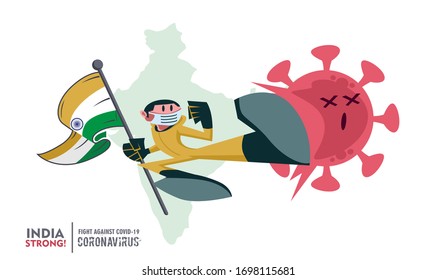 Person with biohazard suit holding  Indian flag on Indian map background, fighting coronavirus pandemic outbreak 2019 COVID 19. Scalable and editable vector illustration.