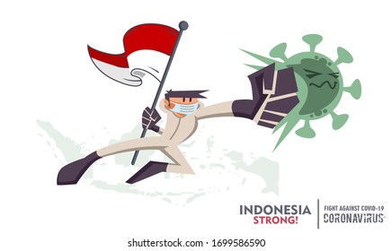 Person with biohazard suit holding indonesia flag on indonesia map background, fighting coronavirus pandemic outbreak 2019 COVID 19. Scalable and editable vector illustration. 