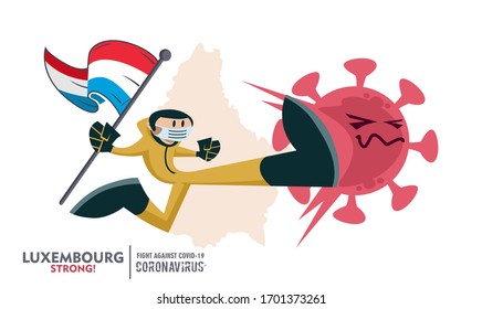 Person with biohazard suit holding Luxembourg flag on map background, fighting coronavirus pandemic outbreak 2019 COVID 19. Scalable and editable vector illustration. 