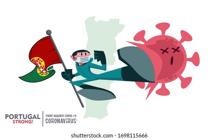 Person with biohazard suit holding Portugal  flag on Portugal map background, fighting coronavirus pandemic outbreak 2019 COVID 19. Scalable and editable vector illustration.