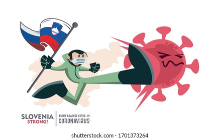 Person with biohazard suit holding Slovenia flag on map background, fighting coronavirus pandemic outbreak 2019 COVID 19. Scalable and editable vector illustration. 