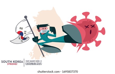 Person with biohazard suit holding South Korea flag fighting coronavirus pandemic outbreak 2019 COVID-19. Vector illustration against covid19 virus. Scalable and editable vectors.