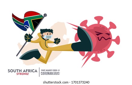 Person With Biohazard Suit Holding South Africa Flag On Map Background, Fighting Coronavirus Pandemic Outbreak 2019 COVID 19. Scalable And Editable Vector Illustration. 